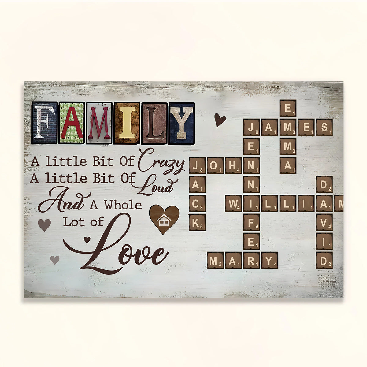 Family Little Bit Crazy A Little Bit Of Loud And Whole Lot Of Love Crossword Art Poster, Personalized Canvas Wall Art, Gifts For Mom Dad, Poster Prints Home Decor, Family Wall Decor