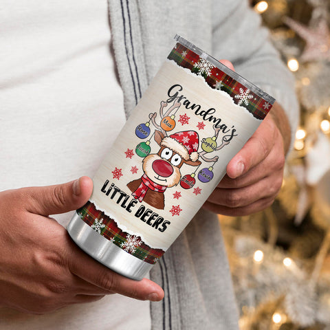Grandmas Little Deers Custom Tumbler, Personalized Christmas Reindeer Ornament Travel Cup, Insulated Cup, Cute Festive Reindeer Name Travel Tumbler,  Gifts For Nana From Grandkids, 20oz