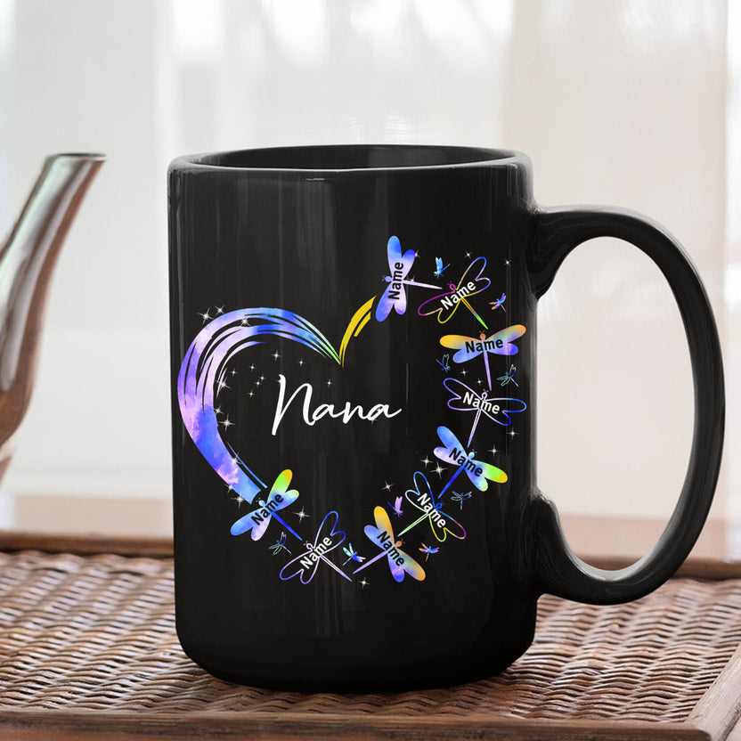 Personalized Coffee Mug For Grandmother From Grandchild Nana Colorful Heart With Dragonfly Custom Grandkids Name 11 15Oz Ceramic Black Cup Gifts For Grandma For Mothers Day Birthday