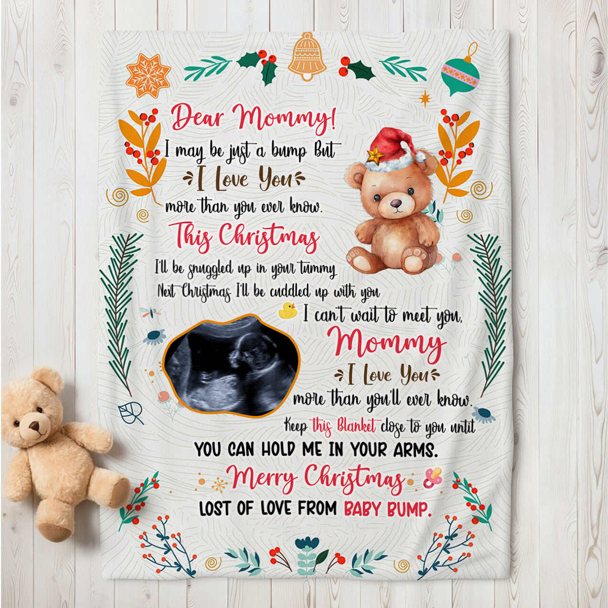 Mom To Be Gifts, This Christmas I'll Be Snuggled Up In Your Tummy Baby Ultrasound And Bear, Personalized Blanket, Gifts For Mommy , Fleece Sherpa, New Mom Blanket, Gifts For Christmas