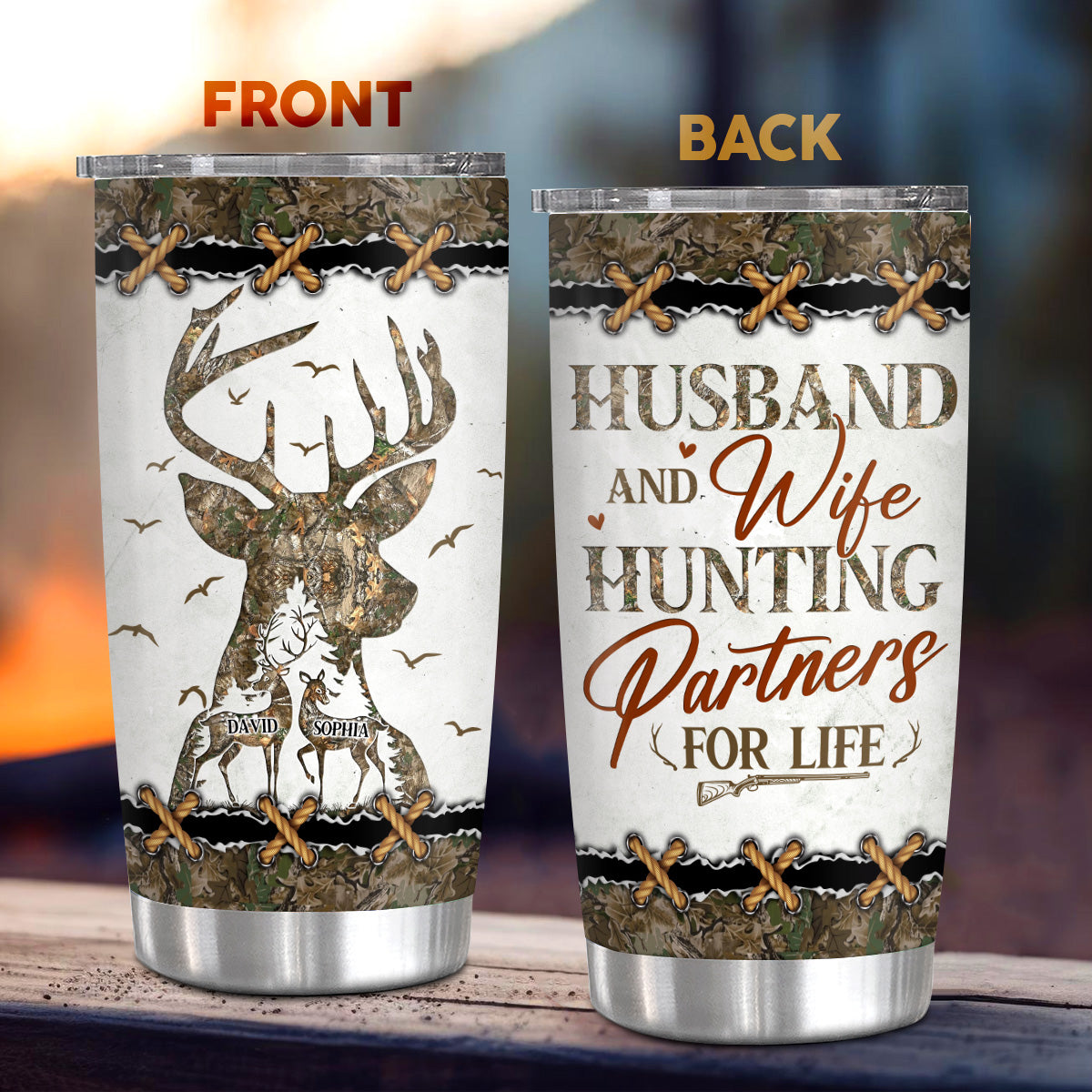 Personalized Tumbler For Him Her From Darling Husband And Wife Hunting Partners For Life Deer Hunting Camo With Image Custom Name 20oz With Lid Travel Cup Birthday