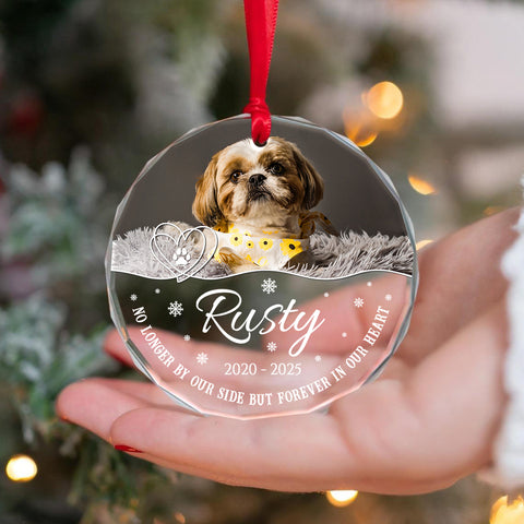 No Longer By Our Side But Forever In Our Heart Glass Circle Ornament, Personalized Pet Memorial Ornament With Photo, Gifts For Loss Of Dog, Tree Decor Christmas Keepsake, Pet Loss Gifts