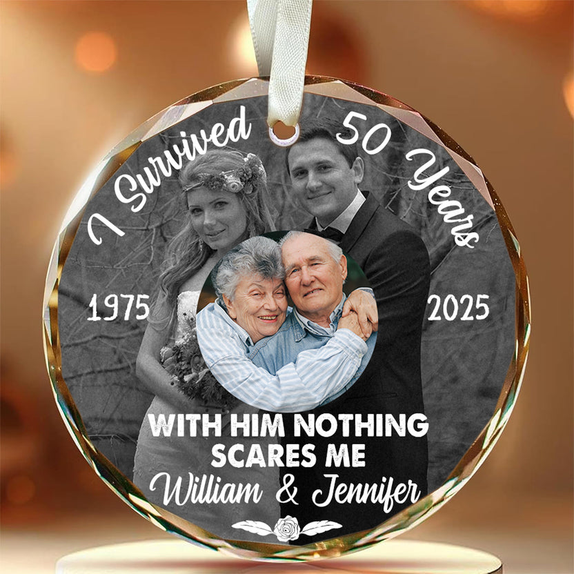 Gifts For Couple, I Survived 50 Years With Him Nothing Scare Me, Anniversary Glass Ornament, Wedding Photo Keepsake, 50 Year Love Ornament, Then & Now Photo Collage, Gifts For Parents