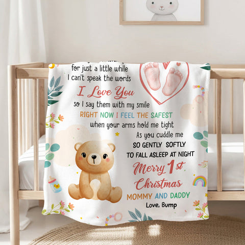 Merry 1st Christmas Mommy Daddy I've Only Been With You A While Footprint Baby Bear, Personalized Blanket, Gifts For New Parents, Fleece Sherpa Blanket, New Parents, Gifts For Xmas