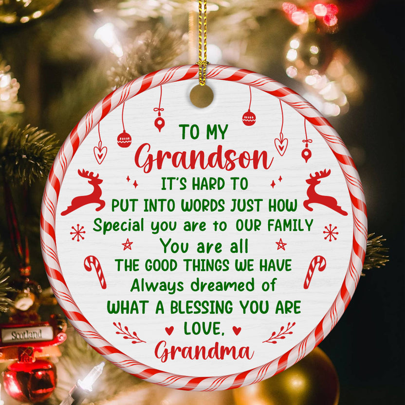 Grandsons Gifts, It's Hard To Put Into Words Christmas Theme Candy Cane Circle Ceramic Ornament, Personalized Christmas Ornament, Gifts For Boys From Nana, Xmas Tree Decor
