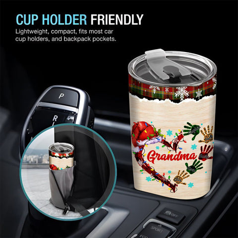 Grandma Christmas Tumbler, Personalised Grandchildren Names Travel Cup, Festive Winter Drinkware, Christmas Handprint Grandkid Name Travel Cup, Personalized Tumbler, Gifts For Nana Mama