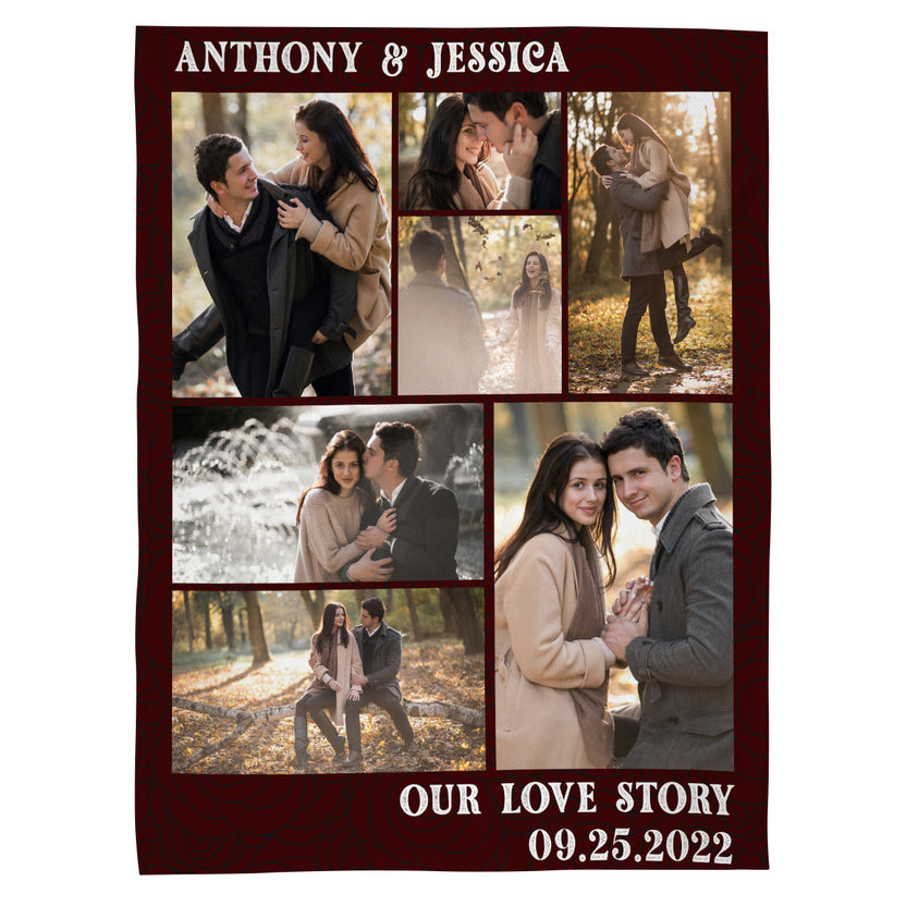 Personalized Photo Collage Blanket, Our Love Story, Custom Couple Gift, Anniversary Wedding Blanket, Romantic Red Design, Cozy Home Decor