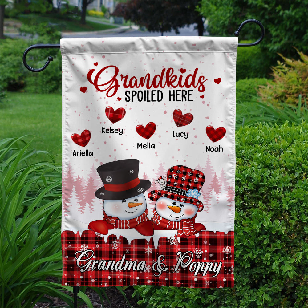 Personalized Grandchildren Names Outdoor Flag, Custom Grandma Poppy Garden Banner, Red Plaid Winter Yard Lawn Sign, Grandkids Spoiled Here Garden Sign