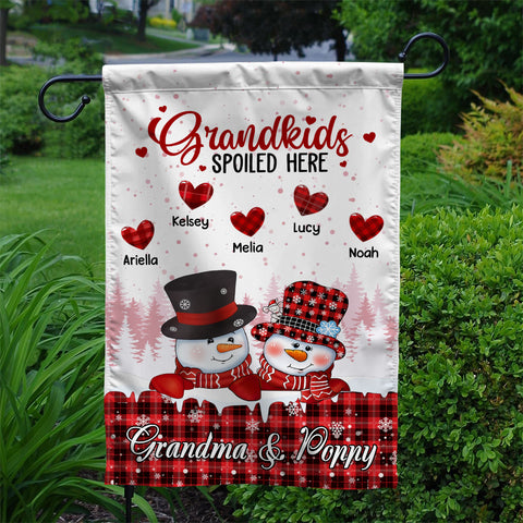 Personalized Grandchildren Names Outdoor Flag, Custom Grandma Poppy Garden Banner, Red Plaid Winter Yard Lawn Sign, Grandkids Spoiled Here Garden Sign