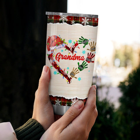 Grandma Christmas Tumbler, Personalised Grandchildren Names Travel Cup, Festive Winter Drinkware, Christmas Handprint Grandkid Name Travel Cup, Personalized Tumbler, Gifts For Nana Mama