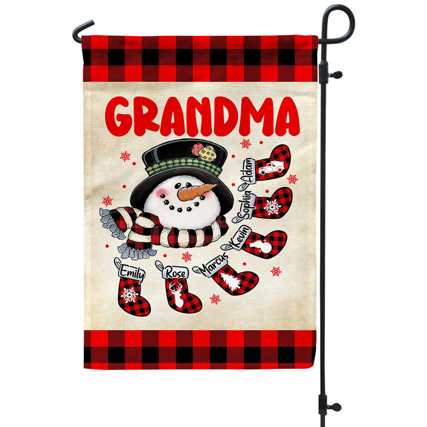 Grandma House Flag, Custom Christmas Grandkids Names Banner, Plaid Stockings Winter Outdoor Decor, Holiday Yard Decor, Grandma Christmas Garden Banner,  Gifts For Nana From Grandkids