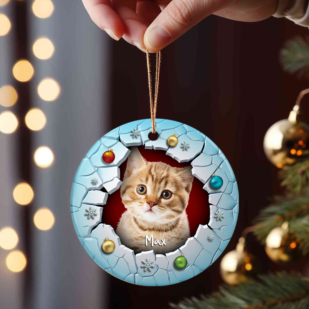 Fluffy Cat Christmas Ornament 3d Break Through Circle Circle Ceramic/ Plastic Design, Custom Name Pet Decoration, Holiday Keepsake Gifts, Personalized Christmas Ornament, Gifts For Cat