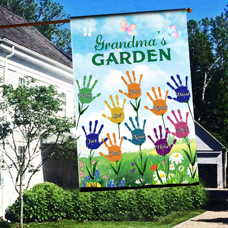 Personalized Garden Flag For Grandmother From Grandkids Grandma Gifts Nana's Garden Flower Handprints Grandkids Custom Name Double Sided Outside Welcome Flag For Mother's Day Birthday