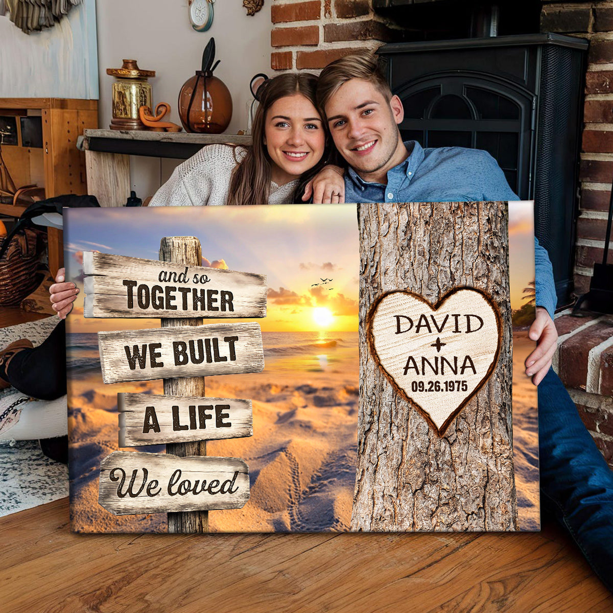And So Together We Built A Life We Loved Rustic Wood Sign With Tree Heart & Sunset Beach Canvas Poster Gifts For Couple