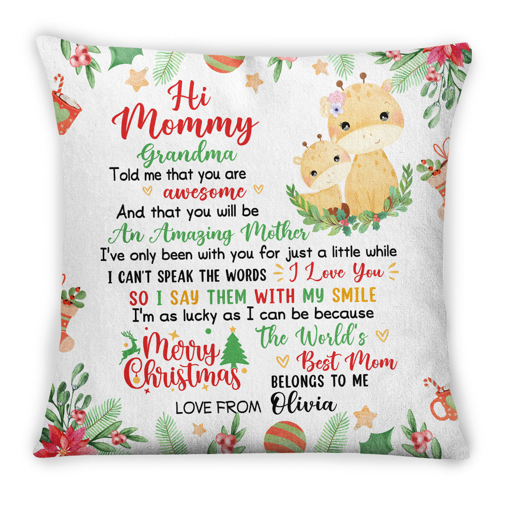 Personalized Square Pillow For New Mom From Family Pregnancy Gifts Grandma Told Me That You Are Awesome Merry Christmas Giraffe Custom Name Double Sided Sofa Couch Cushion On Christmas