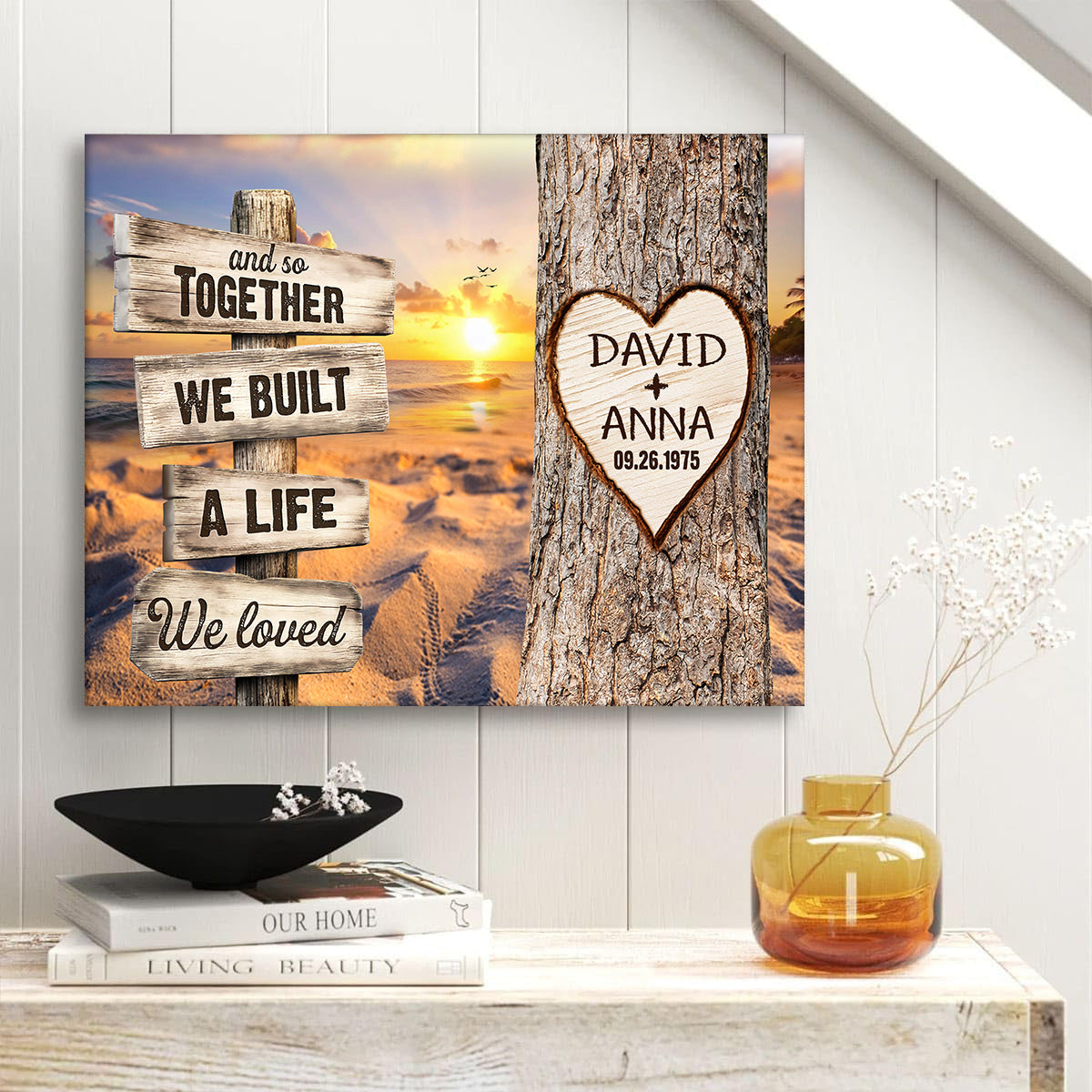 And So Together We Built A Life We Loved Rustic Wood Sign With Tree Heart & Sunset Beach Canvas Poster Gifts For Couple