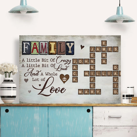 Family Little Bit Crazy A Little Bit Of Loud And Whole Lot Of Love Crossword Art Poster, Personalized Canvas Wall Art, Gifts For Mom Dad, Poster Prints Home Decor, Family Wall Decor
