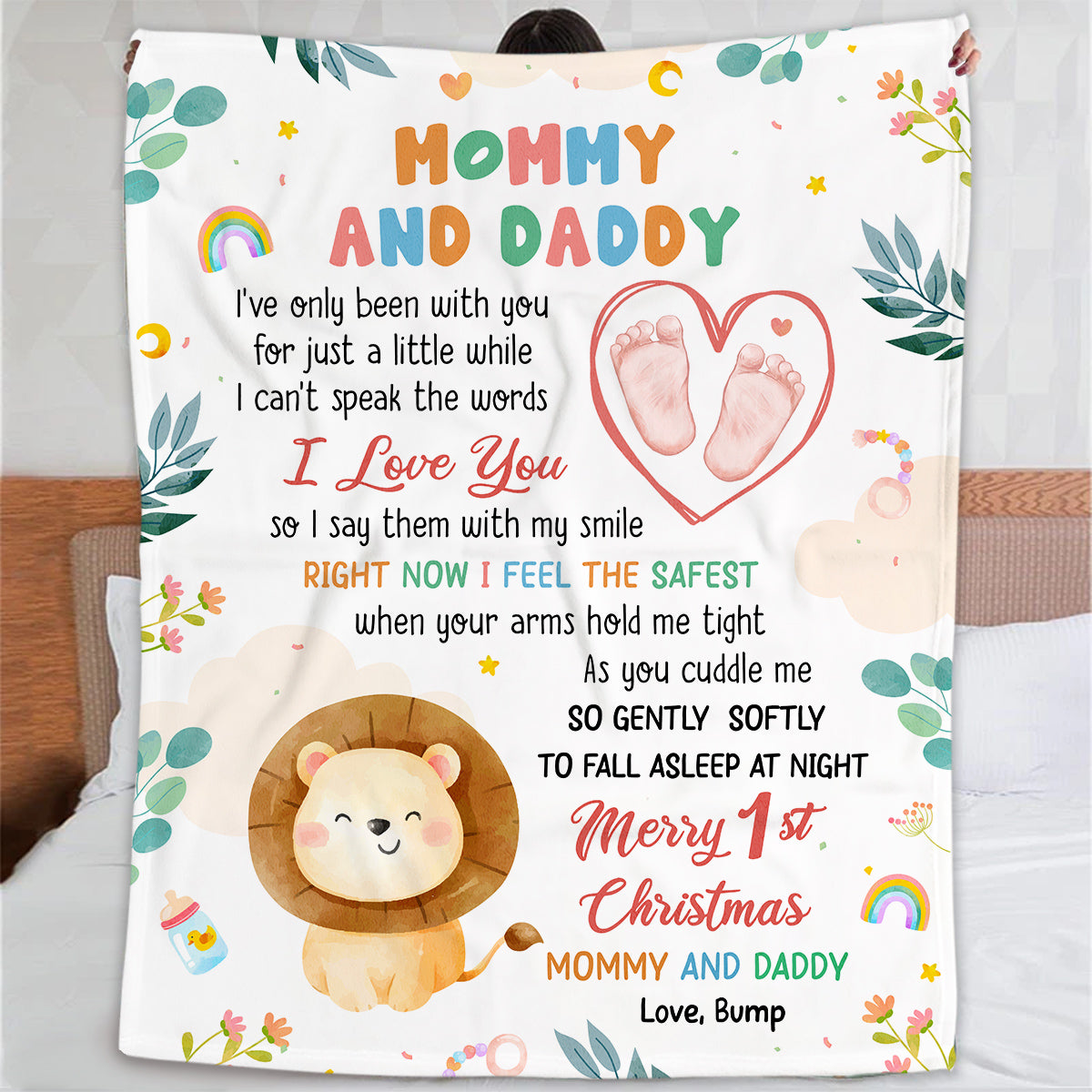 Merry 1st Christmas Mommy Daddy I've Only Been With You A While Footprint Baby Lion, Personalized Blanket, Gifts For New Parents, Fleece Sherpa Blanket, New Parents Xmas Christmas
