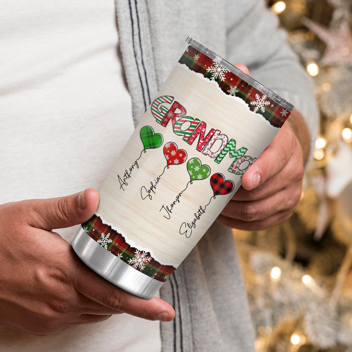 Grandma Christmas Heart Balloons Tumbler, Custom Grandkids Name Travel Cup, Festive Plaid Drinkware, Personalised Grandma Xmas Personalized Tumbler, Gifts For Nana Grandmother