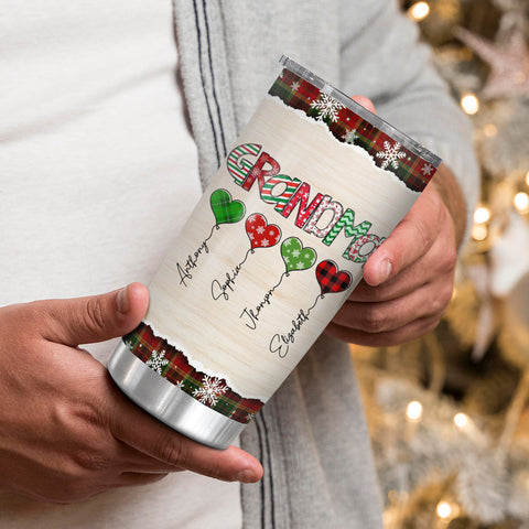 Grandma Christmas Heart Balloons Tumbler, Custom Grandkids Name Travel Cup, Festive Plaid Drinkware, Personalised Grandma Xmas Personalized Tumbler, Gifts For Nana Grandmother
