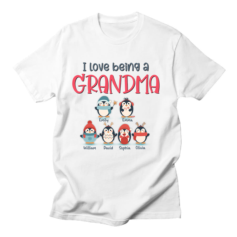 Personalized T-Shirt For Grandmother From Grandchildren Gifts For Grandparents Cute Baby Penguin I Love Being A Grandma Custom Name Short Sleeve Tee Shirt For Christmas Xmas Birthday