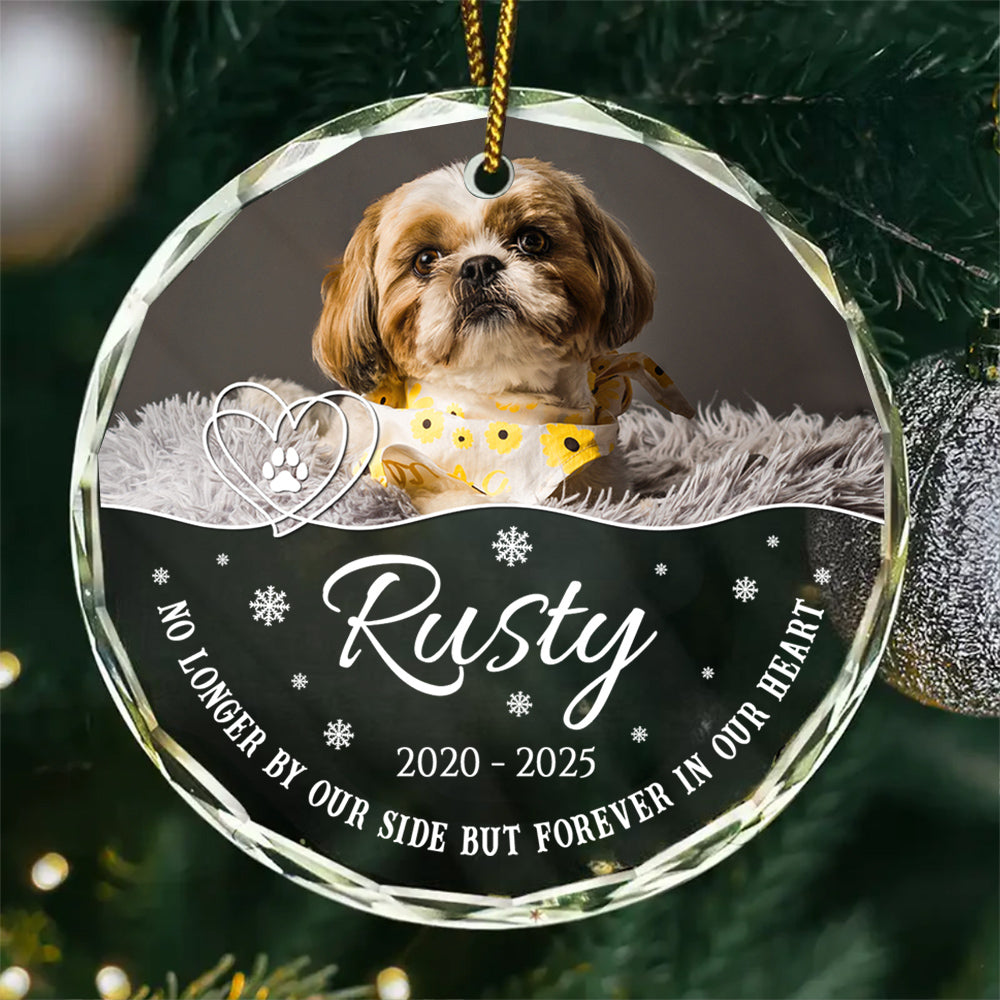 No Longer By Our Side But Forever In Our Heart Glass Circle Ornament, Personalized Pet Memorial Ornament With Photo, Gifts For Loss Of Dog, Tree Decor Christmas Keepsake, Pet Loss Gifts