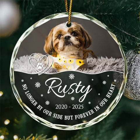 No Longer By Our Side But Forever In Our Heart Glass Circle Ornament, Personalized Pet Memorial Ornament With Photo, Gifts For Loss Of Dog, Tree Decor Christmas Keepsake, Pet Loss Gifts