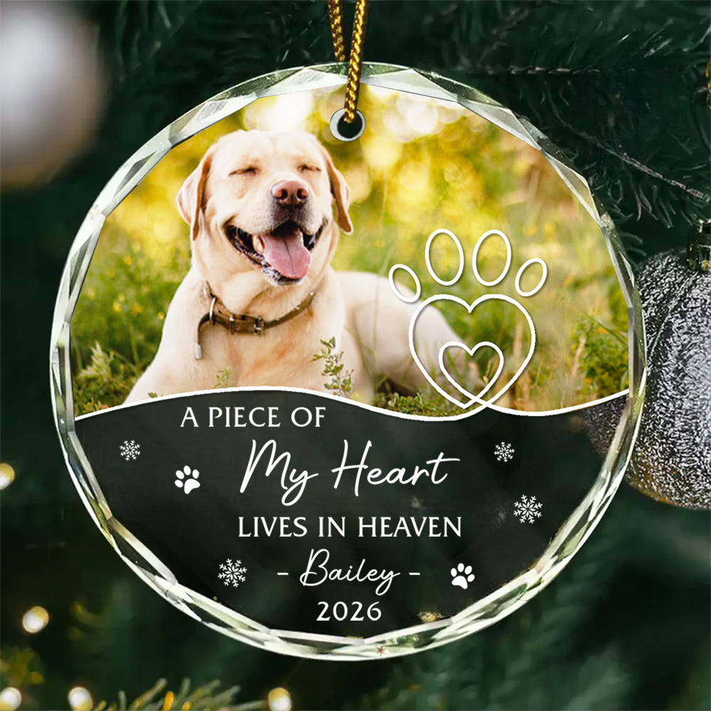 A Piece Of Heart Lives In Heaven Snowflake Pawdog. My Heart Lives In Heaven Glass Ornament, Xmas Tree, Pet Memorial Keepsake, Pet Memorial Ornament With Photo, Gifts For Loss Of Dog