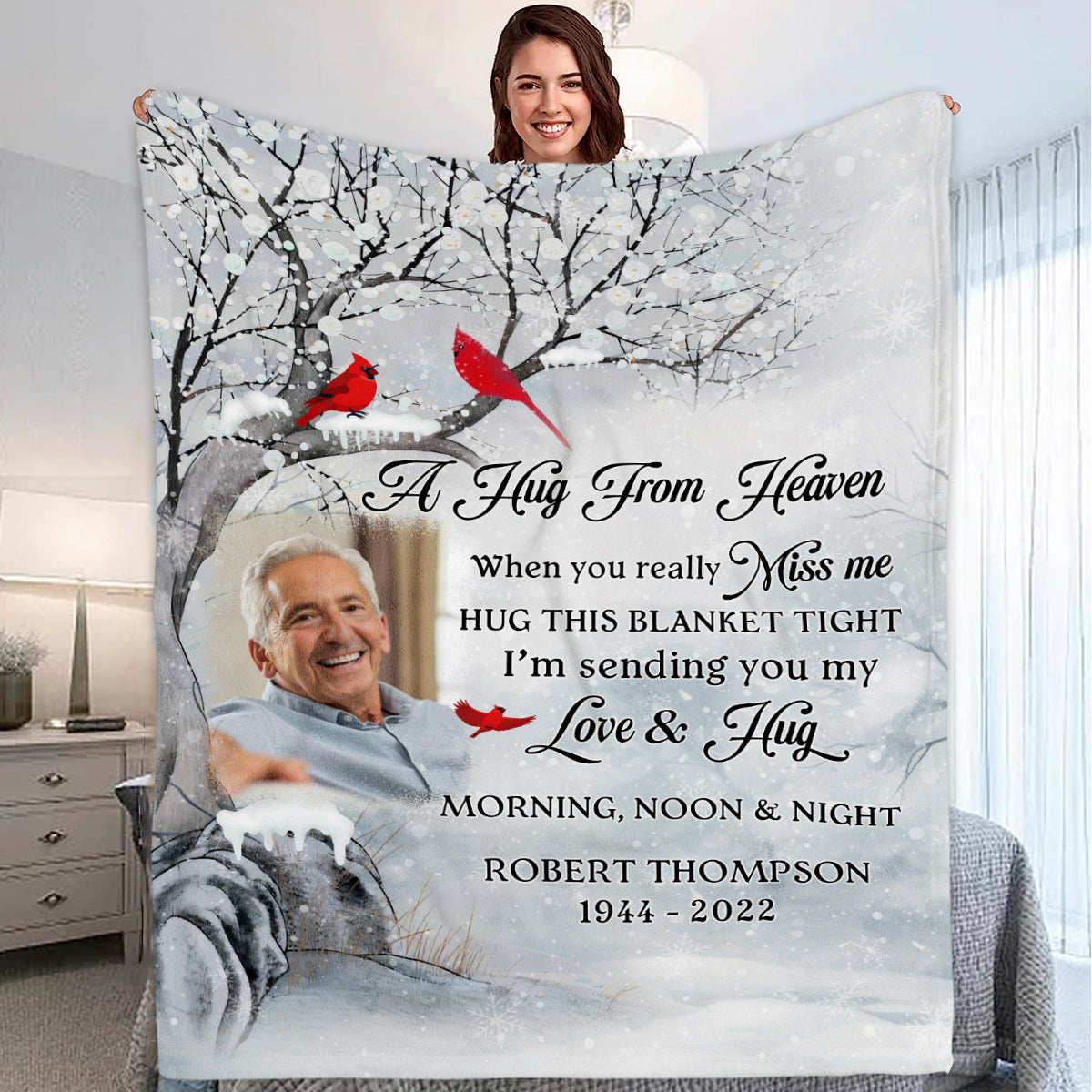 Sympathy Gifts, Personalized Memorial Blanket With Photo, I Am Sending You My Love And Hug Memorial Tree Red Birds, Loss Of Dad Grandpa Blanket, Fleece Sherpa, Funeral Gifts