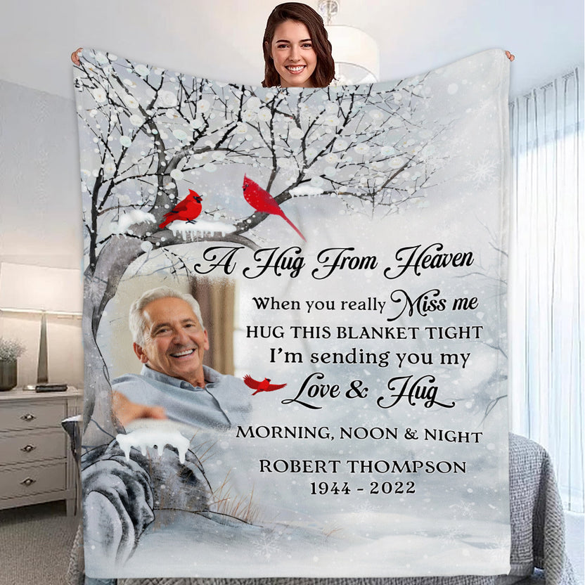 Sympathy Gifts, Personalized Memorial Blanket With Photo, I Am Sending You My Love And Hug Memorial Tree Red Birds, Loss Of Dad Grandpa Blanket, Fleece Sherpa, Funeral Gifts