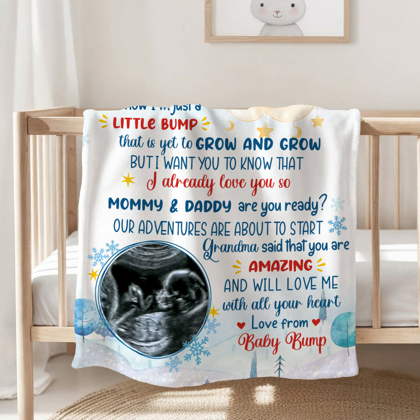 New Parents Gifts, I'm Just A Bump That Is Yet To Grow And Grow Baby Elephant Sonogram Picture, Personalized Blanket, Gifts For New Parents, Fleece Sherpa Blanket, New Parents Blanket