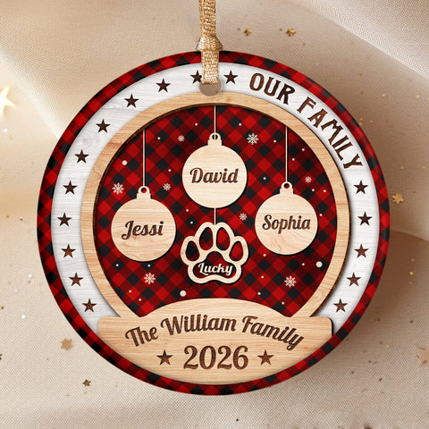Personalized Ornament For Parents Grandparents Kids Grandkids Family Gifts Our Family Bauble Pawprint With Names Red Plaid Snowflake, Dog Lover Tree Decor Keepsake, Custom Names