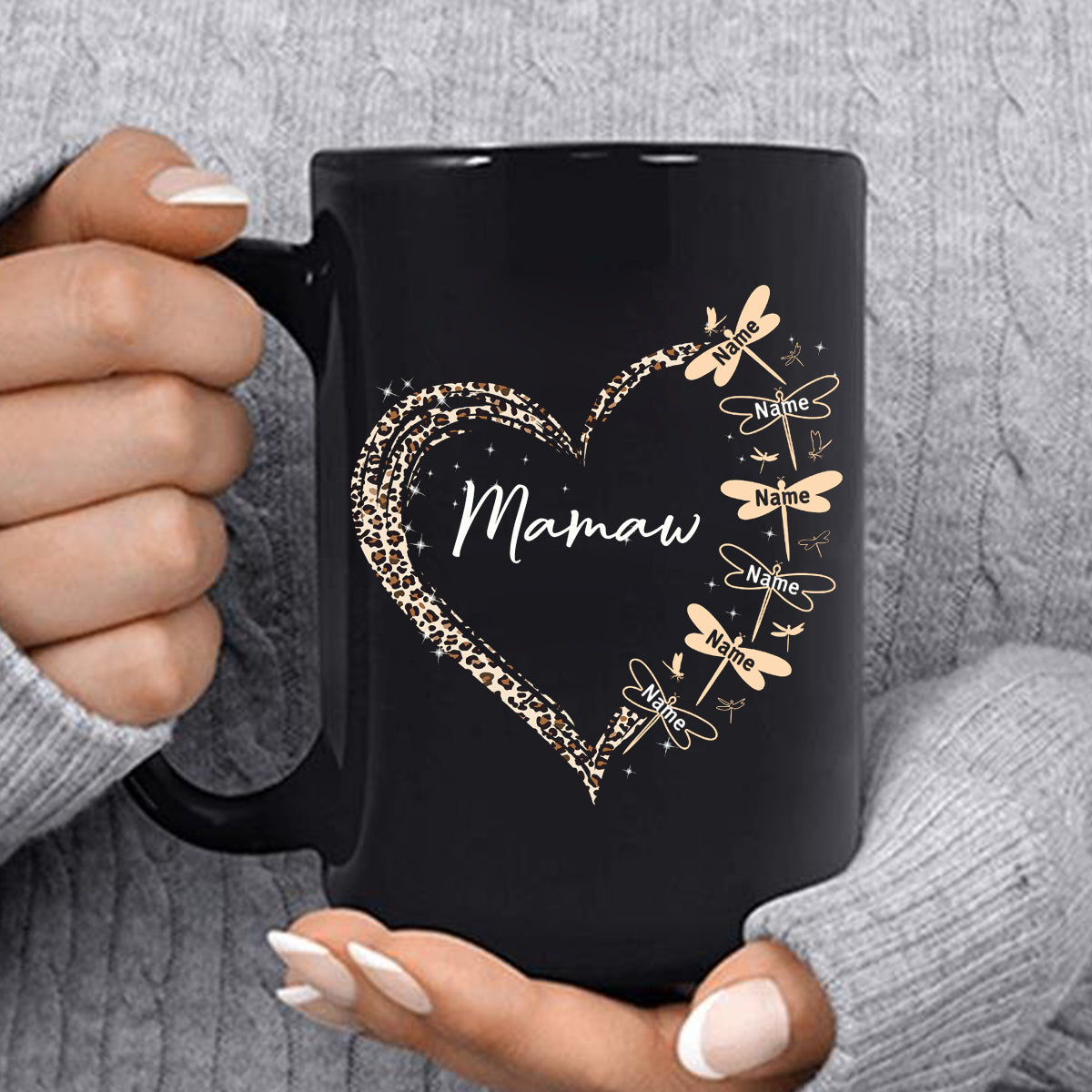 Personalized Coffee Mug For Grandmother From Grandchild Mamaw Leopard Heart With Dragonfly Custom Grandkids Name 11 15Oz Ceramic Black Cup Unique Gifts For Grandma For Mothers Day Birthday