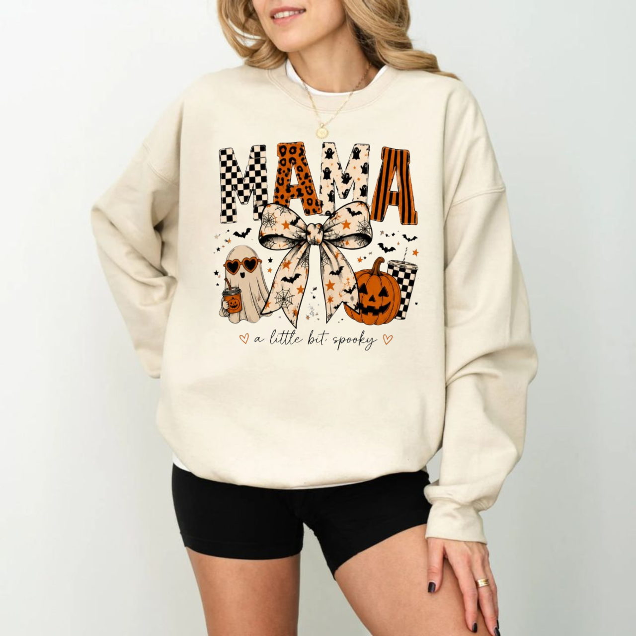 Halloween Mama Shirt, Spooky Mama Bow T Shirt, Mom Halloween Tee, Cute Ghost Pumpkin Shirt, Unisex Crewneck Pullover Tee, Casual Clothing
