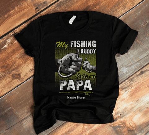 Personalized Shirt For Papa From Grandson Custom Name Hands Fist Bump My Fishing Buddy Call Me Papa Fishermen Outdoor Sport Love Papa Gifts Short Sleeve Tops Tee Shirt Gifts For Men Family