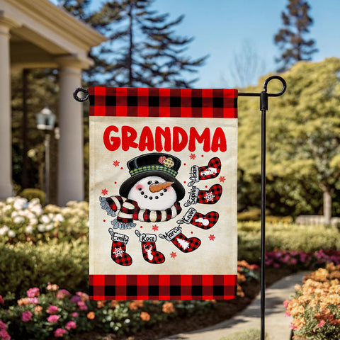 Grandma House Flag, Custom Christmas Grandkids Names Banner, Plaid Stockings Winter Outdoor Decor, Holiday Yard Decor, Grandma Christmas Garden Banner,  Gifts For Nana From Grandkids