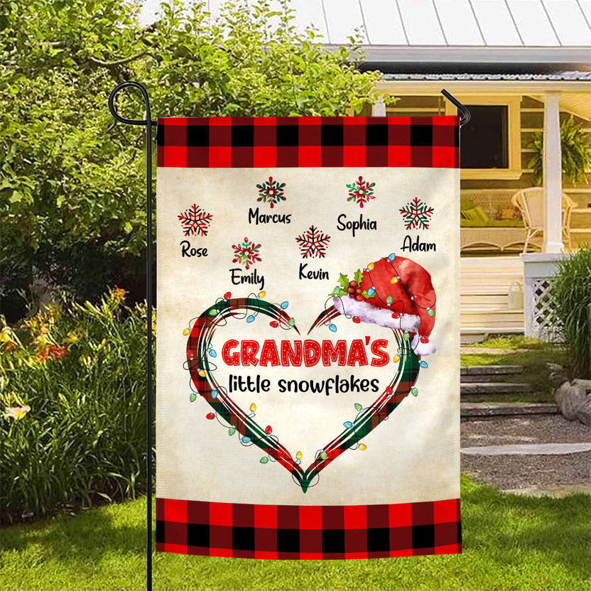 Custom Grandmas Little Snowflakes Flag, Christmas Plaid Heart Santa Hat Names Yard Sign, Holiday Season Lawn Decor, Custom Grandchildren Name Banner,  Gifts For Nana From Grandkids