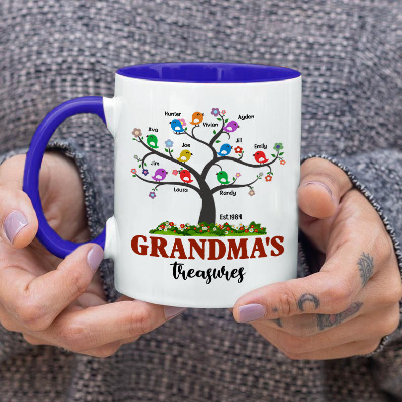 Personalized Coffee Mug For Grandma From Grandchild Grandma's Treasures Tree With Cute Birds Custom Grandkids Name 11 15Oz Ceramic Accent Cup Gifts For Grandma For Birthday Christmas