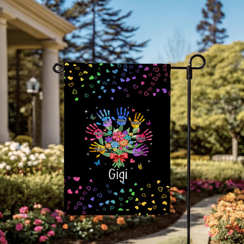 Personalized Grandkids Handprint Garden Flag, Custom Gigi Flower Bouquet Outdoor Banner, Rainbow Hearts Yard Lawn Decor,Grandchildren Names Yard Decor