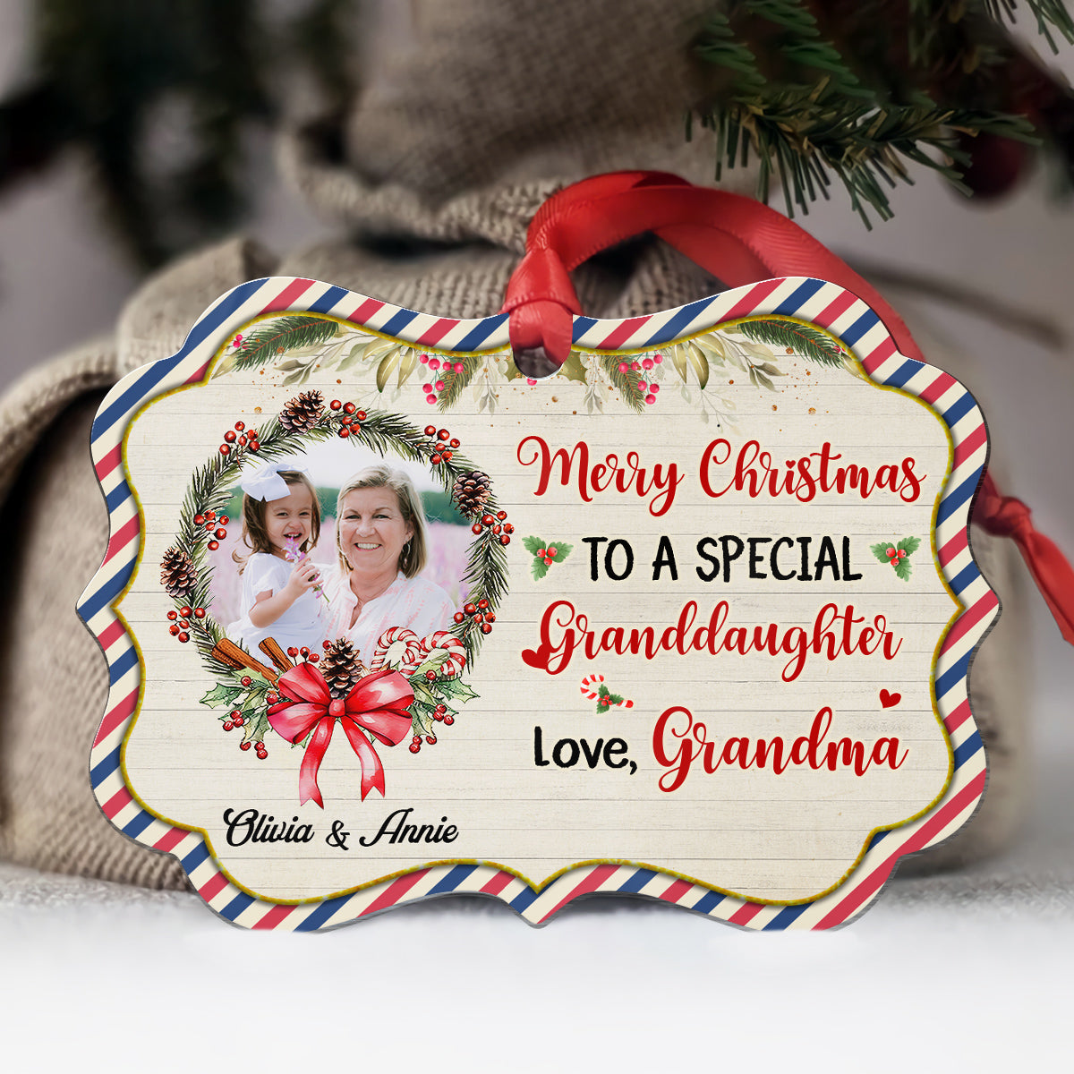 Personalized Grandma & Granddaughter Photo Ornament, Merry Christmas To A Special Granddaughter Keepsake, Custom Picture Medallion Ornament