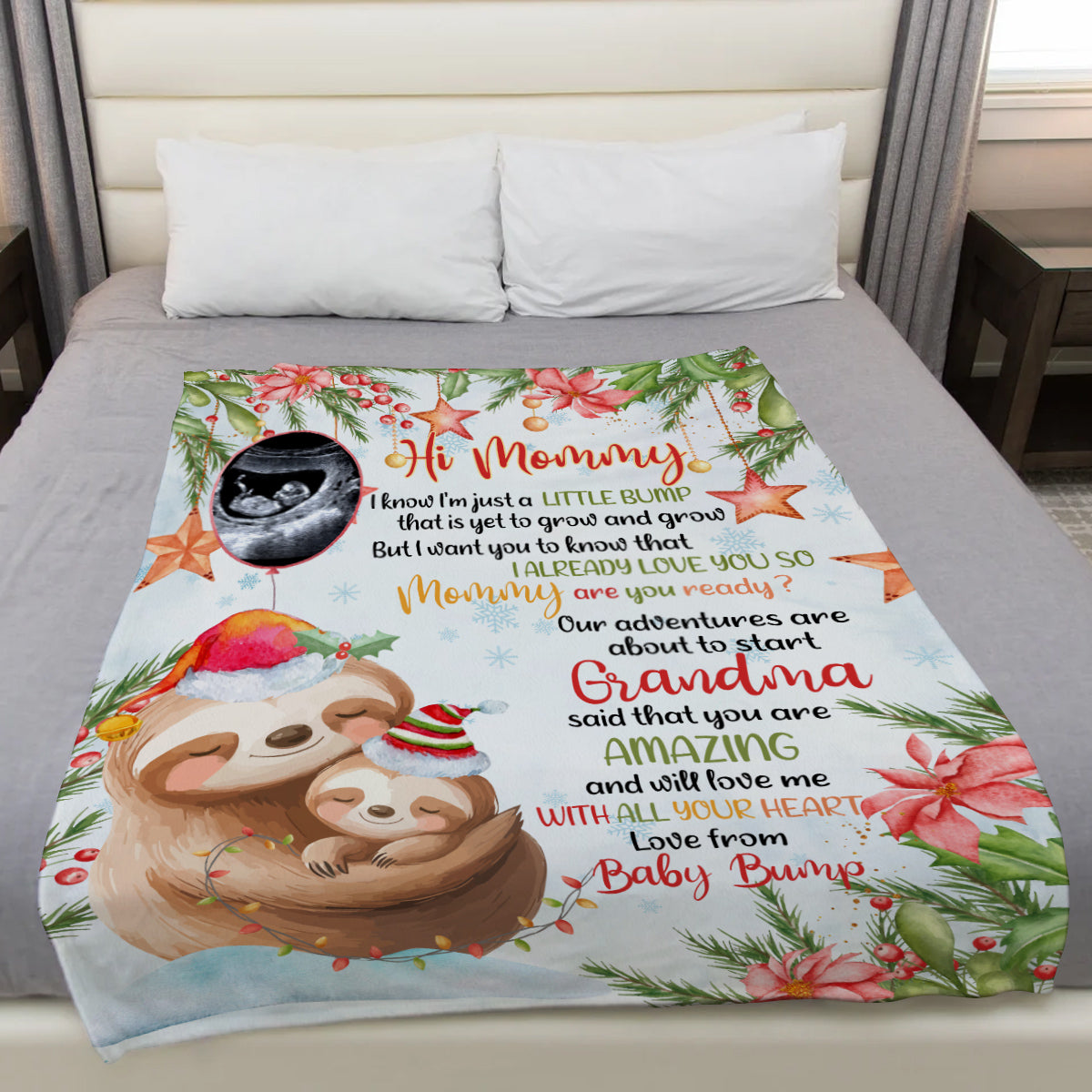 Personalized Sloth Pregnancy Announcement Fleece Sherpa Blanket, Ultrasound Baby Bump Gifts For New Mom New Dad, Meaningful Baby Reveal Keepsake, Expecting Parents Christmas Presents