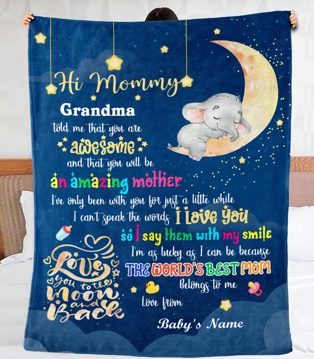 Personalized Blanket For 1St Time Mother From Baby Hi Mommy Grandma Told Me That 1St Mother's Day Cute Sleeping Elephant Custom Name First Time Mom Gifts Fleece Sherpa Blanket For Birthday