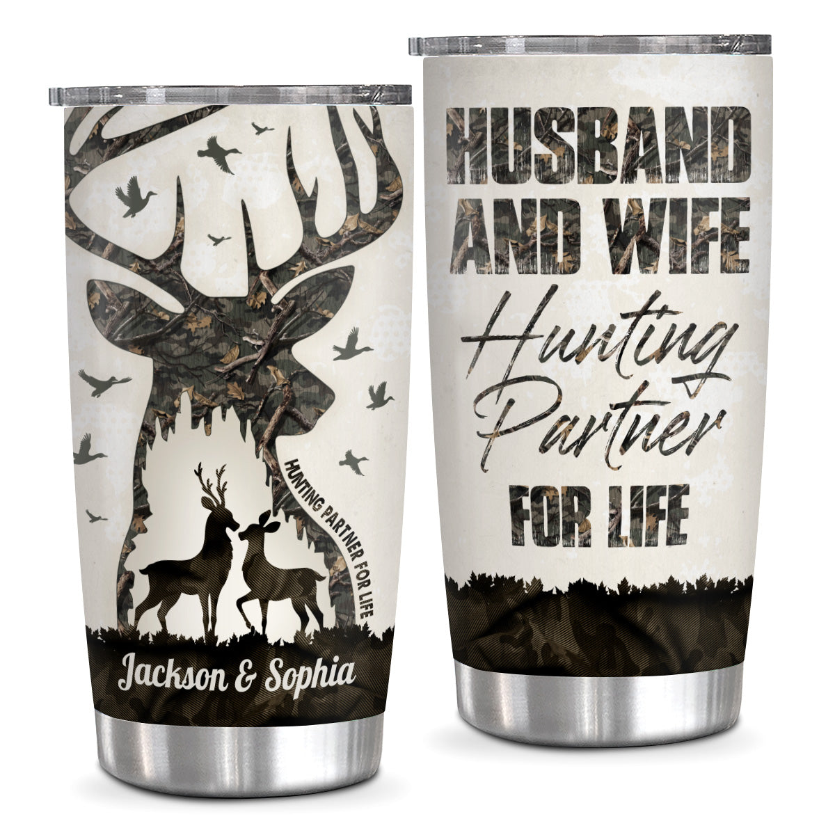 Buck And Doe Camo Pattern Deer Hunting Couple Husband And Wife Hunting Partner For Life, Personalized Tumbler, Gifts For Him Her, Custom 20oz With Lid Travel Cup, Gifts To Valentine