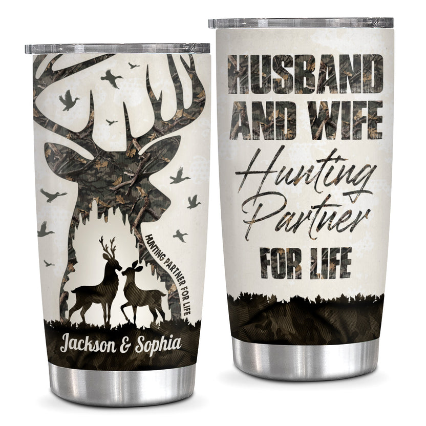 Buck And Doe Camo Pattern Deer Hunting Couple Husband And Wife Hunting Partner For Life, Personalized Tumbler, Gifts For Him Her, Custom 20oz With Lid Travel Cup, Gifts To Valentine