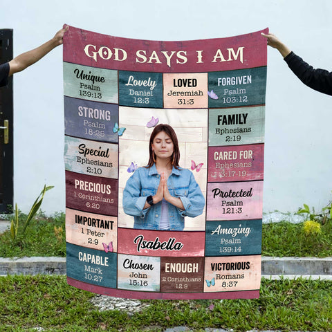 Personalized Blanket For Girl Women Family Friends Religious Gifts God Says I Am Inspirational Positive Thinking Daily Affirmation Mental Health Fleece Sherpa Blanket For Birthday