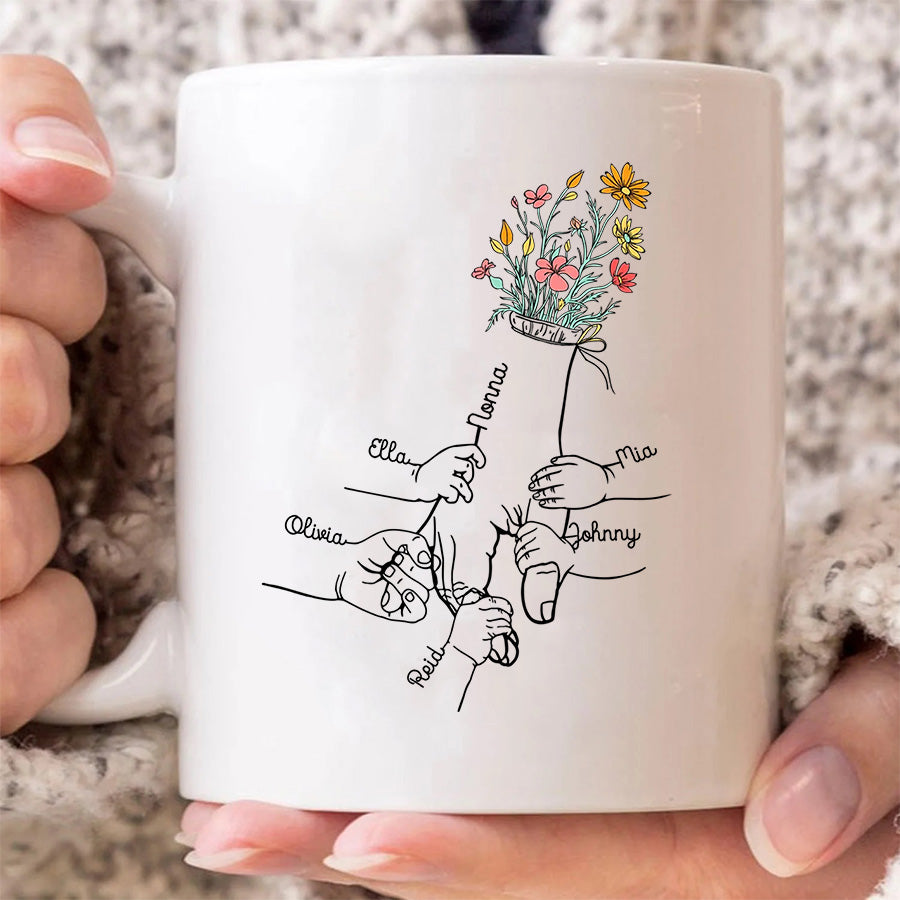Grandma Gifts, Holding Mom's Hand Floral Mug Little Hands Kids Grandkids Holding Mom Nana Hand, Personalized Coffee Mug, Gifts For Nana From Grandson, 11 15oz, Gifts For Mother's Day