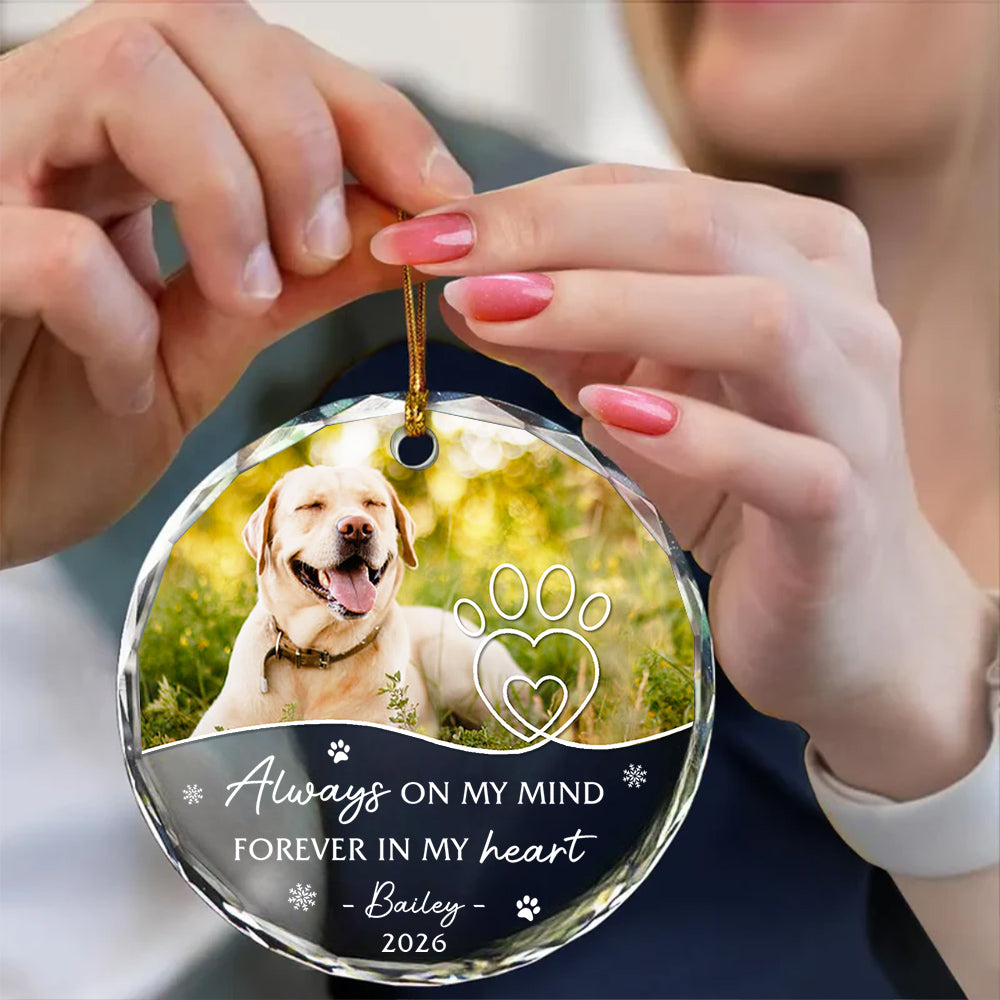 Always On Mind Forever In Heart Pawprints Glass Ornament Remembrance, Memorial Keepsake, Pet Loss Decoration, Winter Decor, Remembrance Tribute Ornament With Photo, Gifts For Dog Lovers
