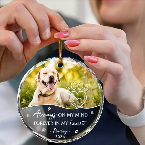 Always On Mind Forever In Heart Pawprints Glass Ornament Remembrance, Memorial Keepsake, Pet Loss Decoration, Winter Decor, Remembrance Tribute Ornament With Photo, Gifts For Dog Lovers