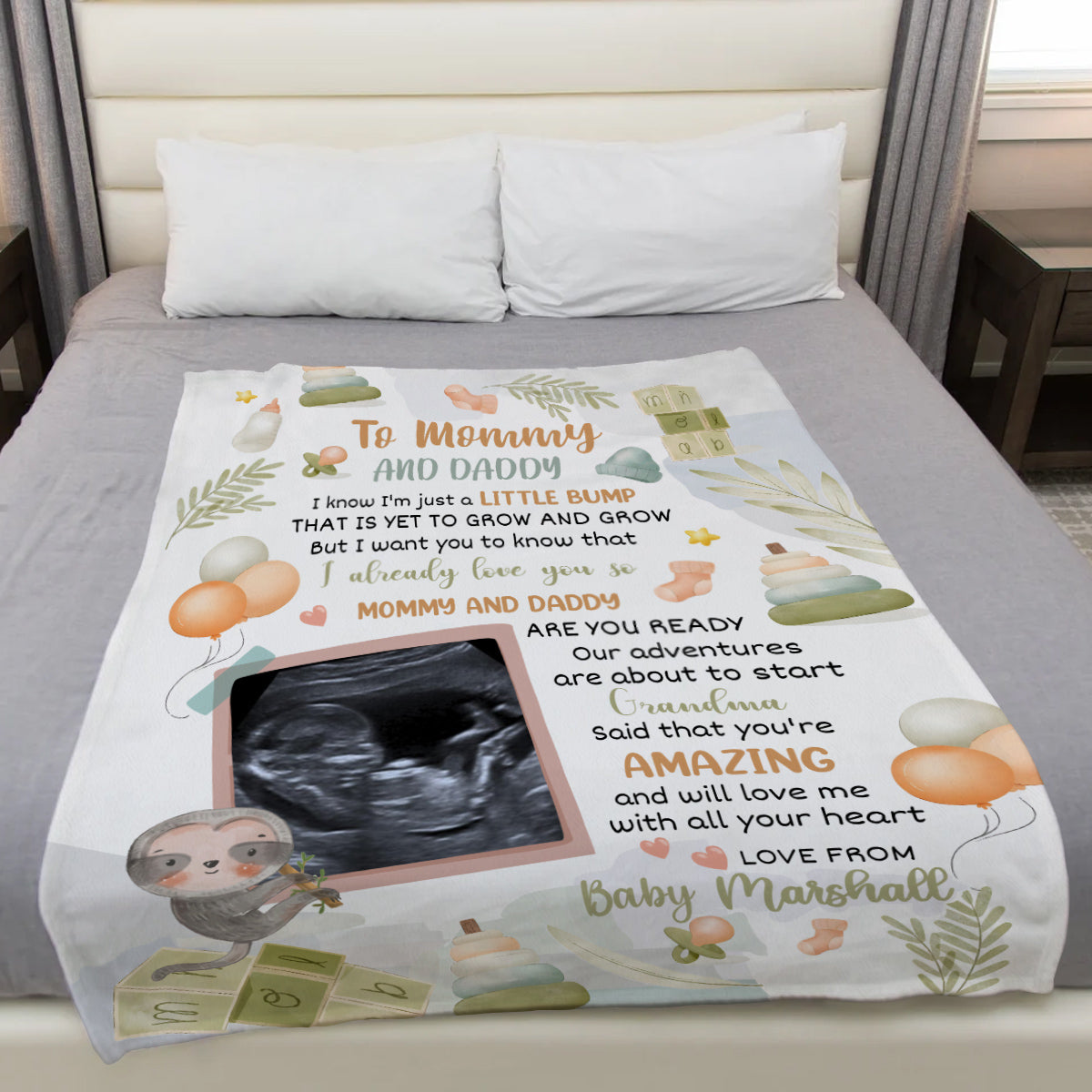 Cute Sloth Hi Mommy And Daddy Blanket Custom Ultrasound Picture For Mom To Be New Dad From Baby Bump Gifts For New Mommy, Fleece Sherpa Blanket Pregnancy Gifts Ideas Mothers Day
