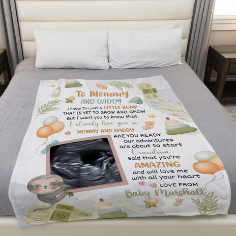 Cute Sloth Hi Mommy And Daddy Blanket Custom Ultrasound Picture For Mom To Be New Dad From Baby Bump Gifts For New Mommy, Fleece Sherpa Blanket Pregnancy Gifts Ideas Mothers Day